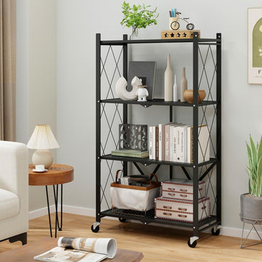 Goflame 4-Tier Foldable Storage Shelf, Collapsible Shelving Unit Display with Lockable Wheels