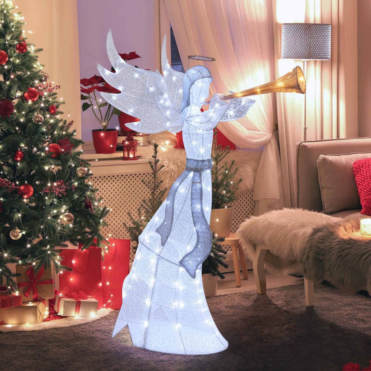 Goflame 5 FT Lighted Trumpeting Angel, Light-up Christmas Angel with LED Lights