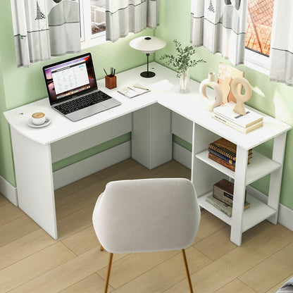 Goflame L Shaped Computer Desk, 51" Large Corner Desk with 2 Cable Holes & 2 Storage Shelves, White