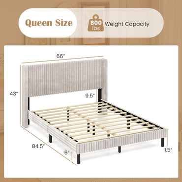 Goflame Queen Velvet Bed Frame Upholstered Platform Bed with Vertical Tufted Wingback Headboard