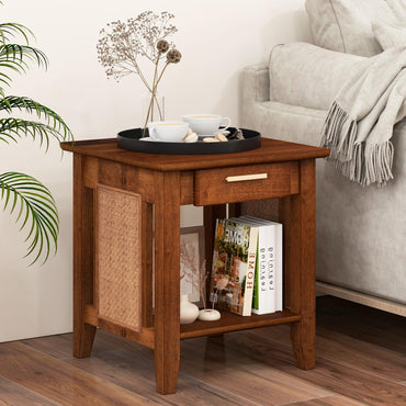 Goflame Rattan Nightstand with Drawer, Mid Century End Table with Storage Shelf, Sofa Side Table with Solid Rubber Wood Legs