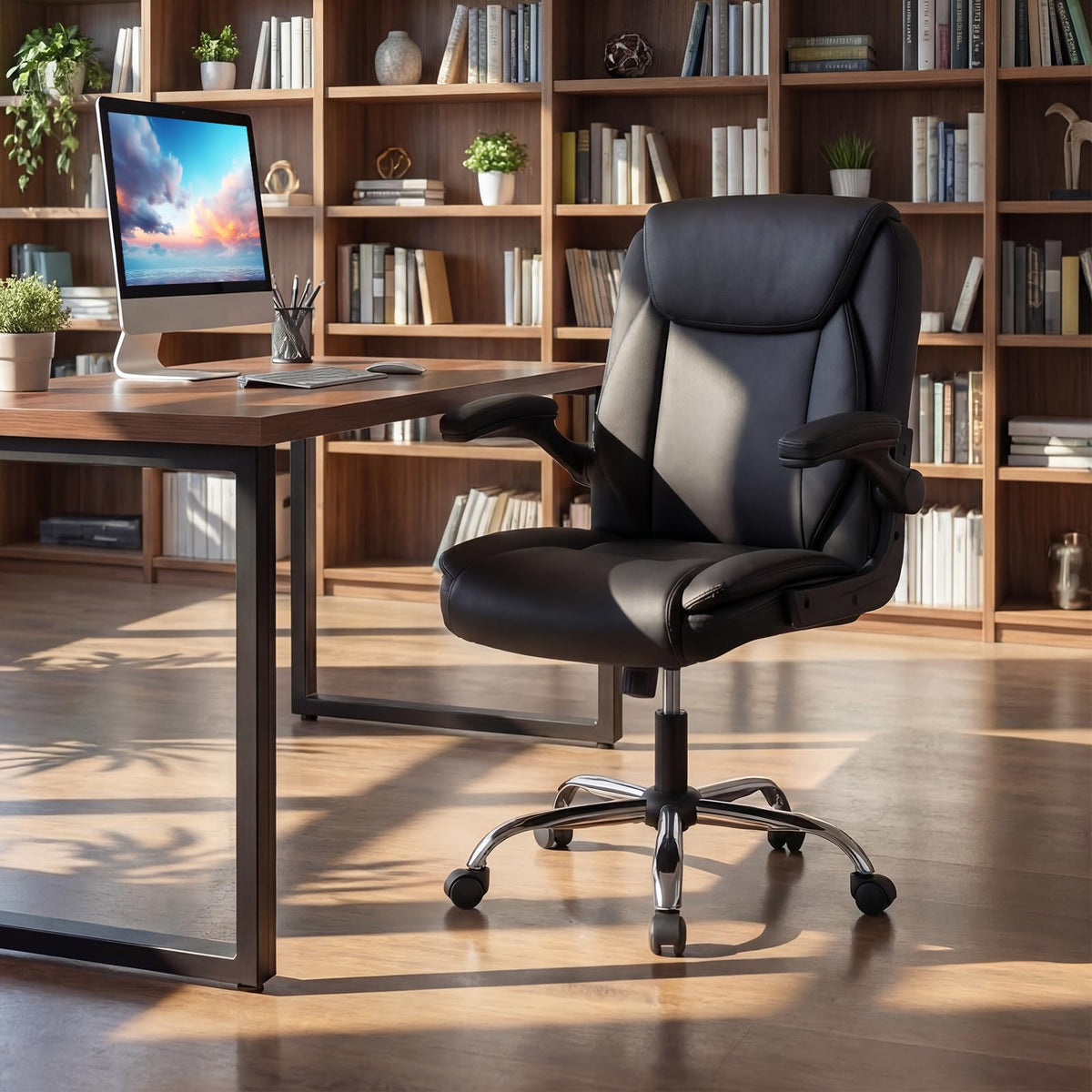 Goflame Leather Office Chair | Ergonomic Computer Desk Chair with Flip-up Arms