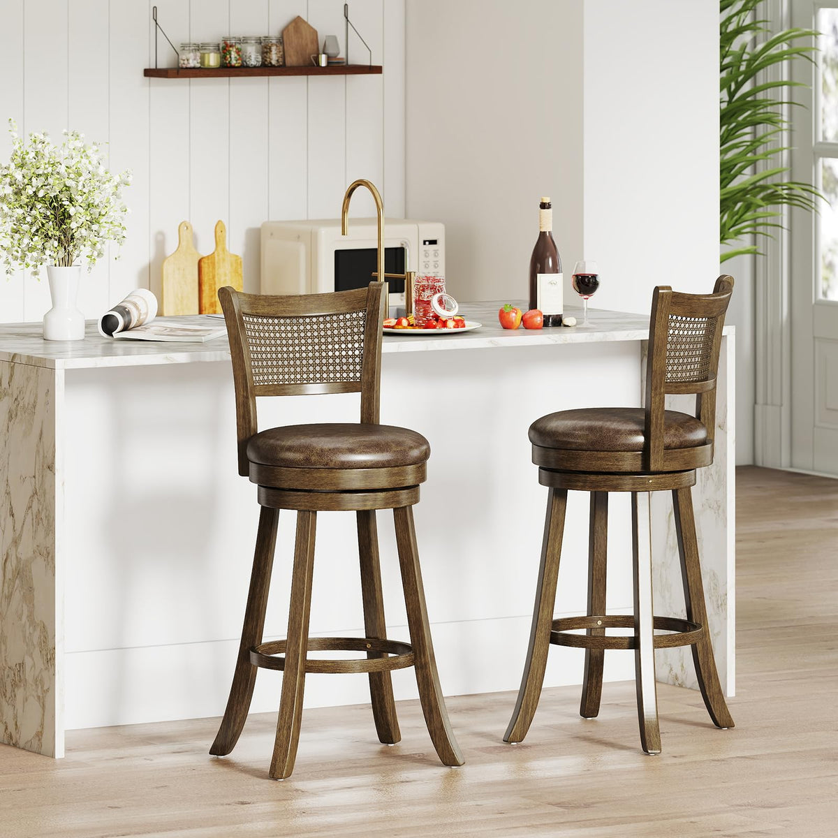 Goflame 30" Bar Height Bar Chairs with PE Rattan Backrest Upholstered Leathaire Barstools