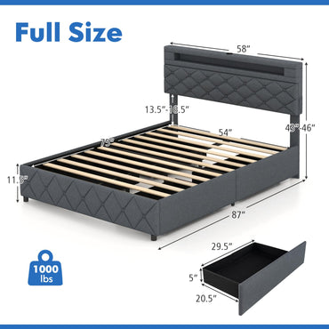 Goflame Queen/Full Size Bed Frame with Storage Headboard and 4 Drawers, Modern Upholstered Platform Bed with Charging Station