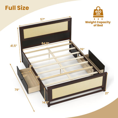 Goflame Full/Twin Size Rattan Bed Frame with 2 Storage Drawers
