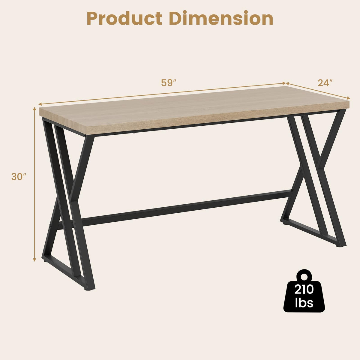 Goflame Large Computer Desk 59" Industrial Home Office Desk with Z-Shaped Metal Leg & Crossbar