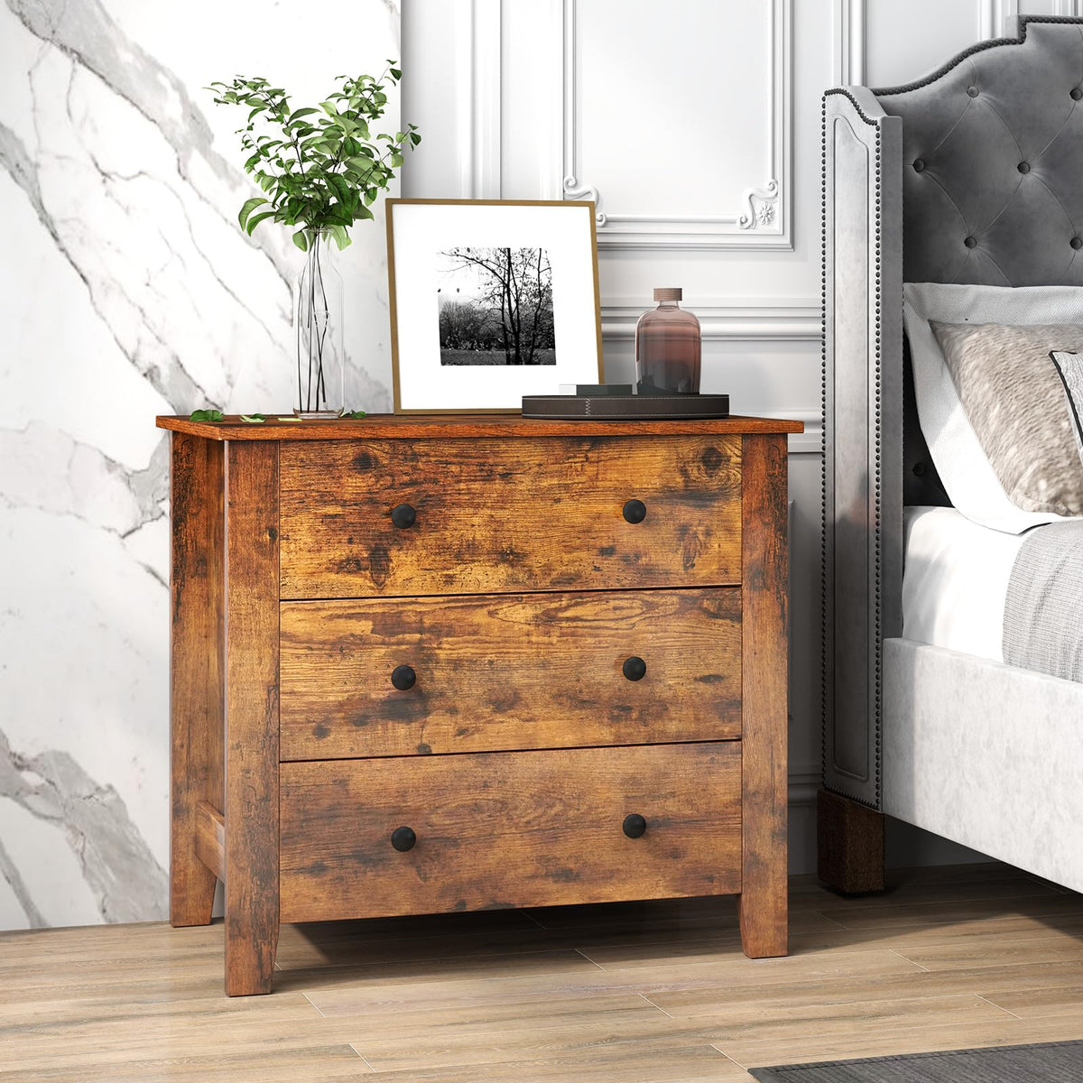 Goflame Small 3-Drawer Dresser for Bedroom - 28.5” x 18” x 26” Wide Chest of Drawers, Modern Large Nightstand