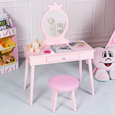 Kids Vanity Set, Princess Dressing Table Set, Wooden Dresser, Little Girls Makeup Table and Stool Set