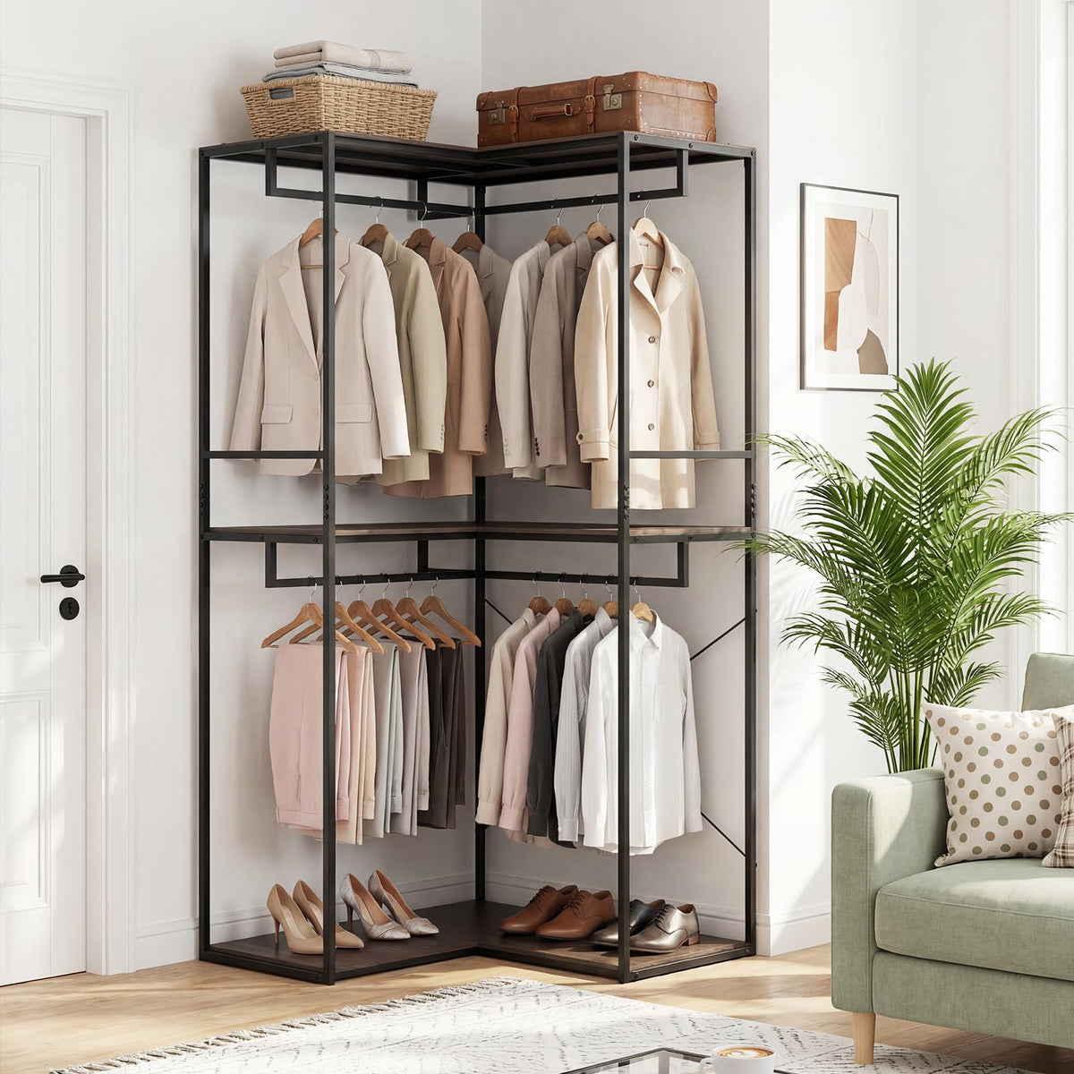 Goflame Heavy Duty Clothes Rack | 3-Tier L-Shaped Garment Rack w/3 Open Shelves & 2 Hanging Racks