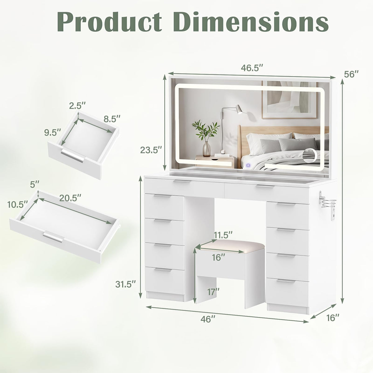 White Vanity Desk with Mirror, Lights, Charging Station, Glass Top