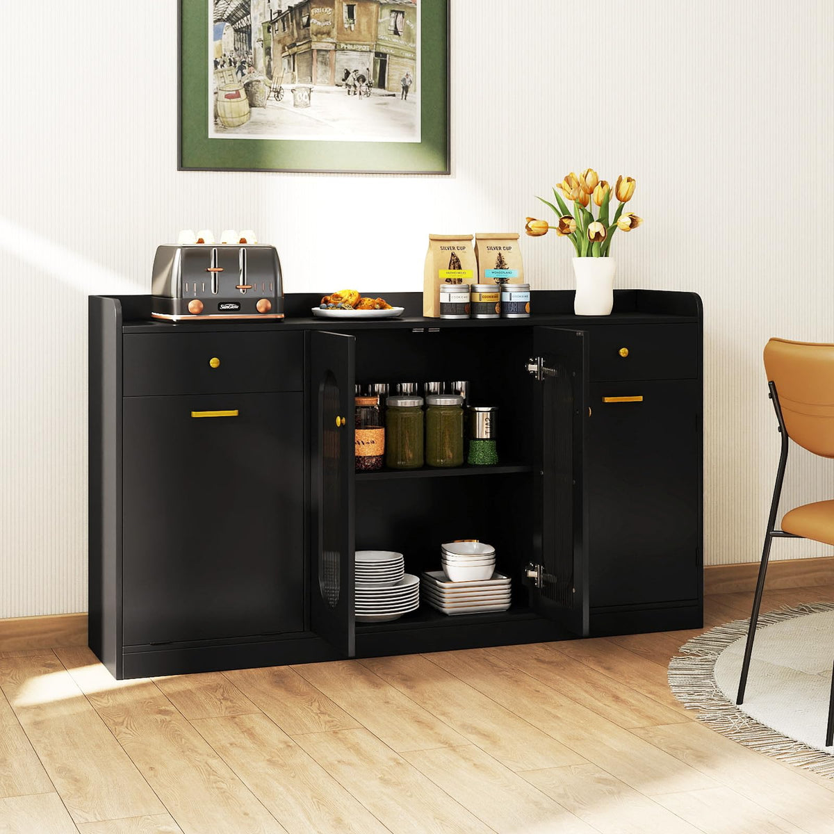 Goflame 55" Farmhouse Buffet Cabinet w/Hidden Tilt Out Trash Can
