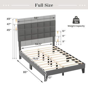 Goflame Full Size Platform Bed, Linen Fabric Upholstered Bed Frame with Adjustable Headboard & Wooden Slat Support