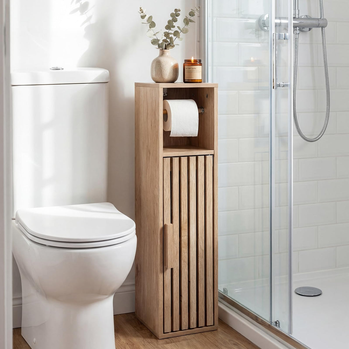 Goflame Slim Bathroom Freestanding Toilet Paper Holder Stand with Door