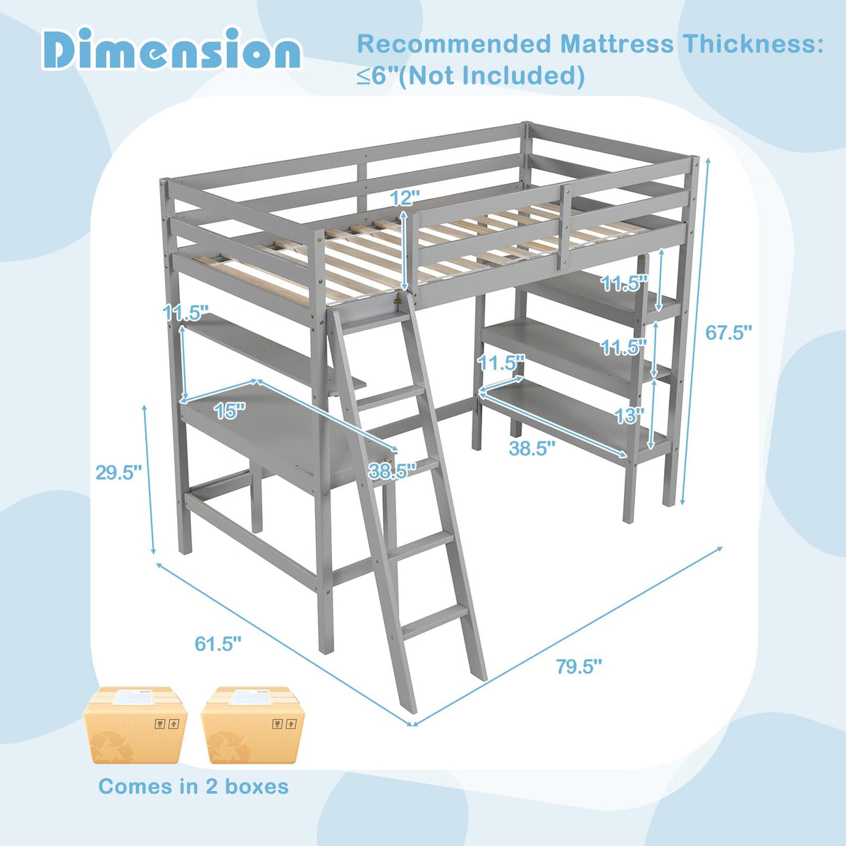 Goflame Loft Bed with Desk & Bookshelves