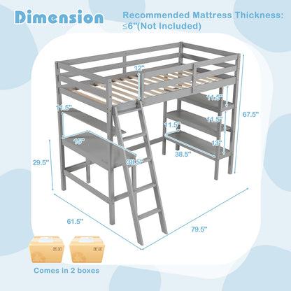 Goflame Loft Bed with Desk & Bookshelves