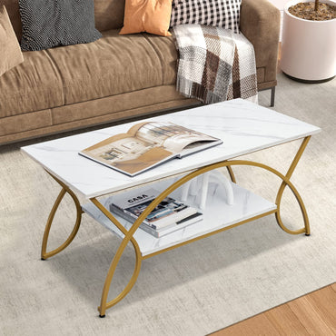 Goflame 2-Tier Rectangular Coffee Table, Modern Chic Cocktail Table with Open Storage Shelf, White/Gold