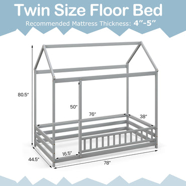 Goflame Twin Floor Bed with Fence, Wood Montessori Bed with Safety Guardrails and 80.5" High Roof Design