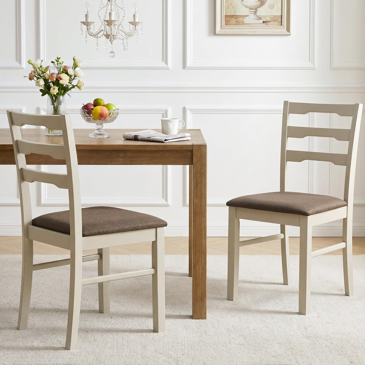 Goflame Wood Farmhouse Upholstered Kitchen Chairs with Ladder Back Design (2/4)