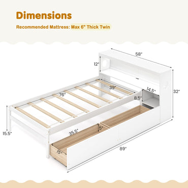 Goflame Wood Twin Bed Frame with Storage Drawer & Headboard, Modern Platform Bed with Charging Station & LED Light
