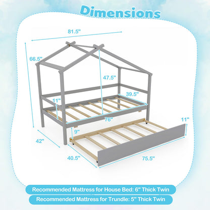 Goflame Wood House Bed for Kids, Twin Bed Frame with Trundle Bed Twin