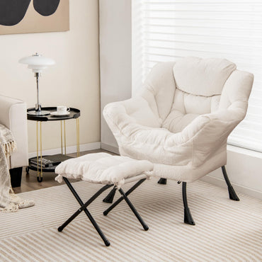 Goflame Set of 1/2 Lazy Chair with Folding Ottoman, Modern Sherpa Accent Chair w/Armrests & Pocket