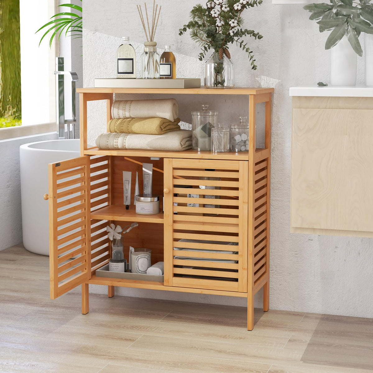 Goflame Storage Cabinet, Bamboo Bathroom Floor Cabinet with Double Louvered Doors