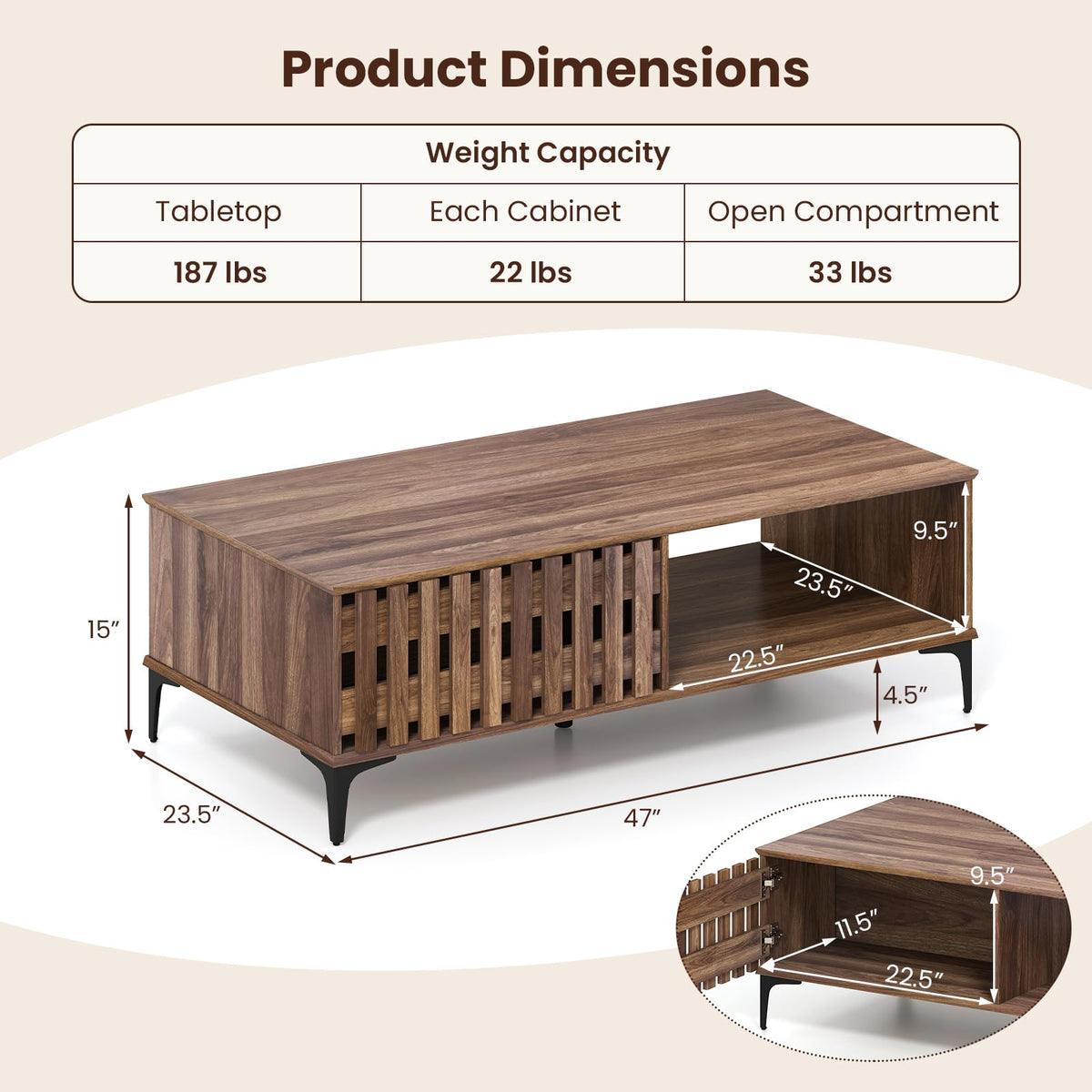 Goflame 47 Inch Wood Mid Century Coffee Table with Storage