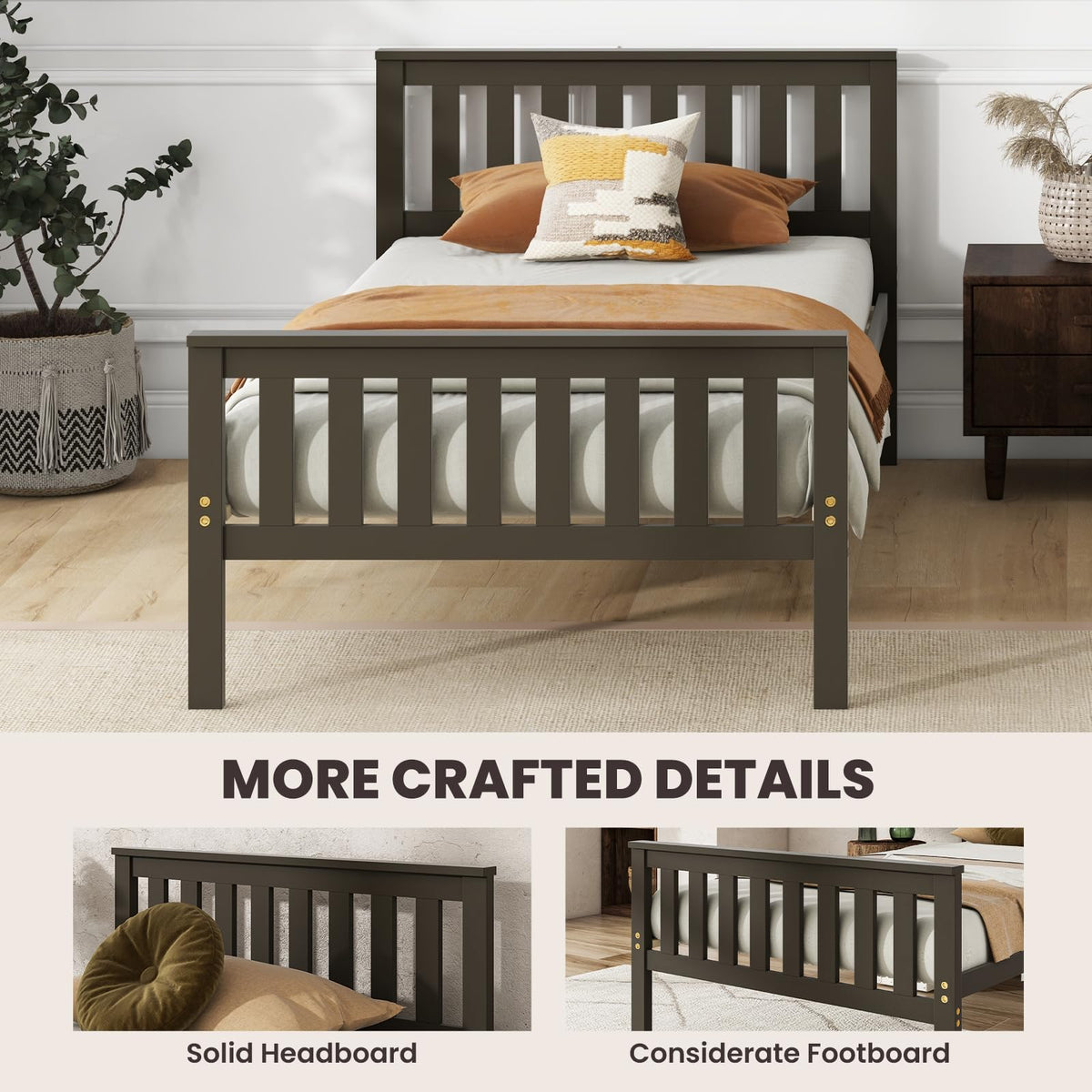 Goflame Queen/Full/Twin Size Wood Bed Frames with Headboard, Mid Century Platform Bed with Wooden Slats Support