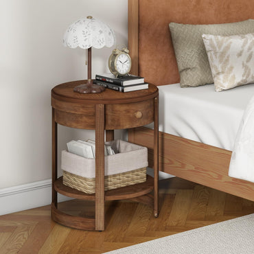 Goflame Round Side Tables Set of 1/2 | 2-Tier Retro End Tables with Drawer & Shelf