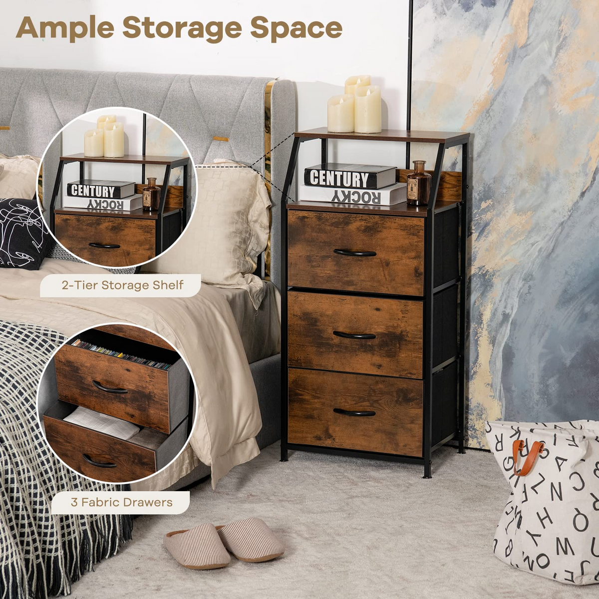 Goflame 3 Drawers Dresser, Storage Tower w/ 3 Foldable Fabric Drawers & Open Shelves
