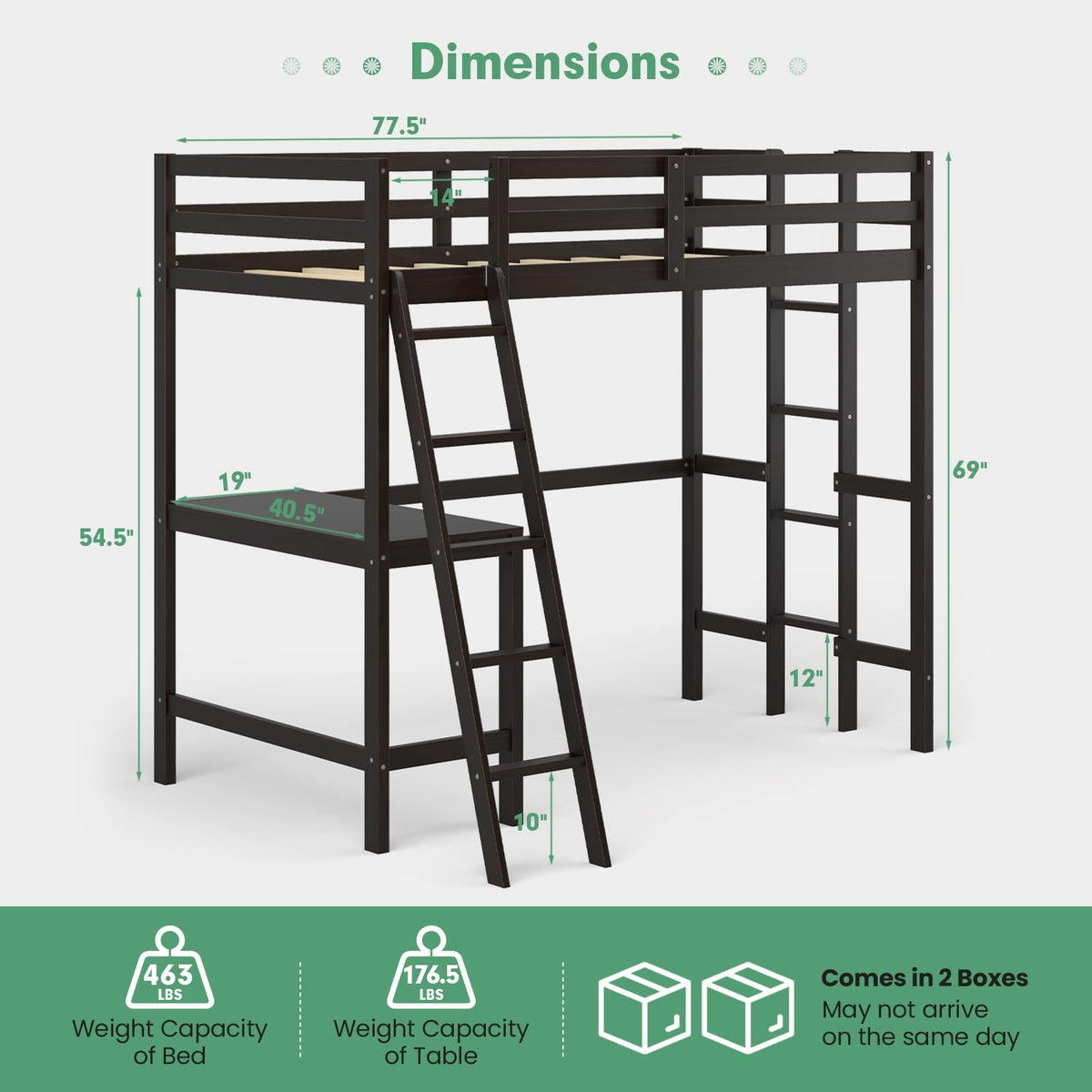 Goflame Twin Size Loft Bed with Desk, Solid Wood Loft Bed with 2 Ladders & Full Length Guardrail