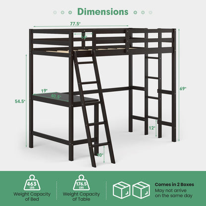 Goflame Twin Size Loft Bed with Desk, Solid Wood Loft Bed with 2 Ladders & Full Length Guardrail
