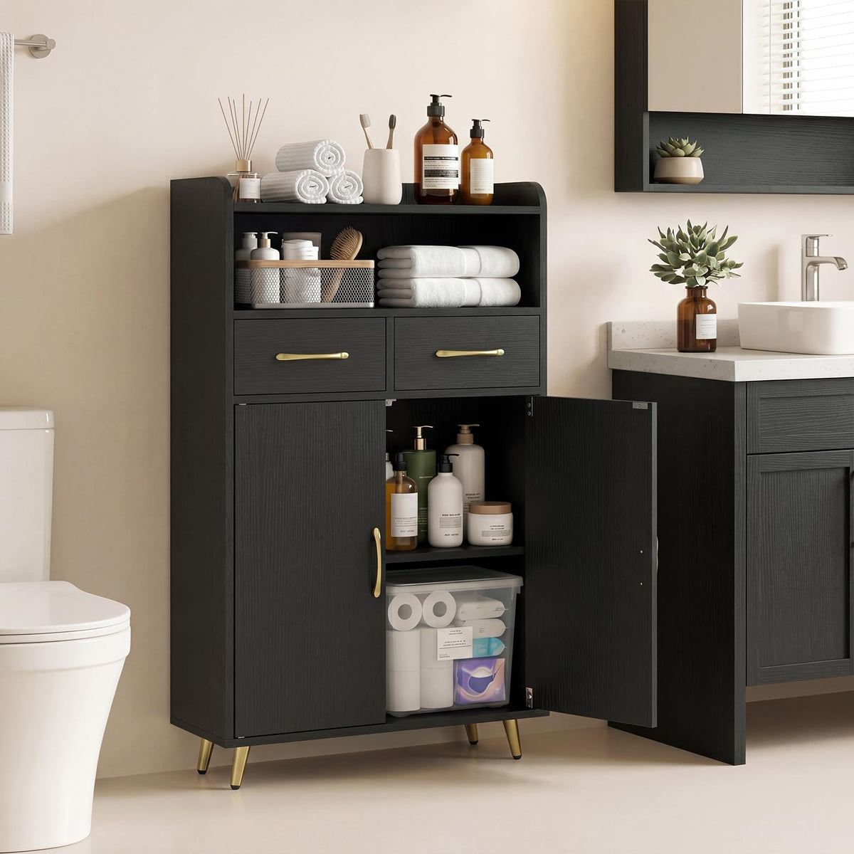 Goflame Freestanding Bathroom Storage Cabinet with 2 Drawers and 2 Doors