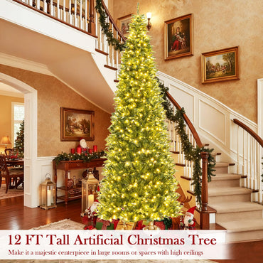 Goflame 12 FT Tall Pre-Lit Hinged Xmas Tree with Quick Power Connector