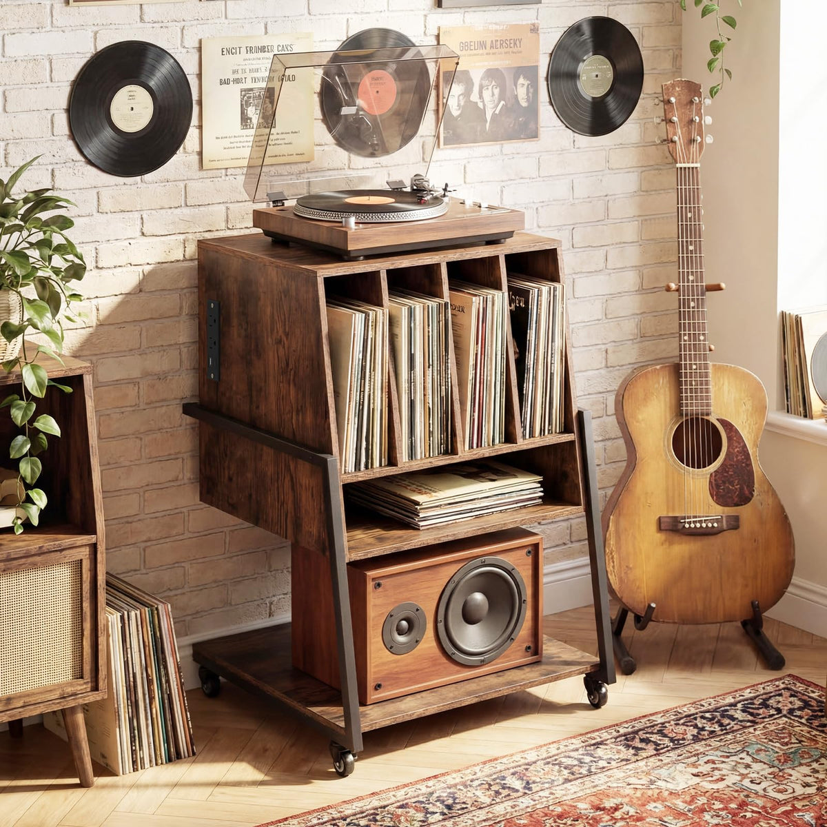 Goflame Record Player Stand on Wheels | 3-Tier Turntable Stand with Charging Station