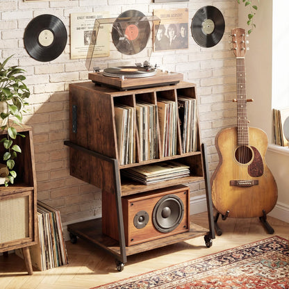Goflame Record Player Stand on Wheels | 3-Tier Turntable Stand with Charging Station