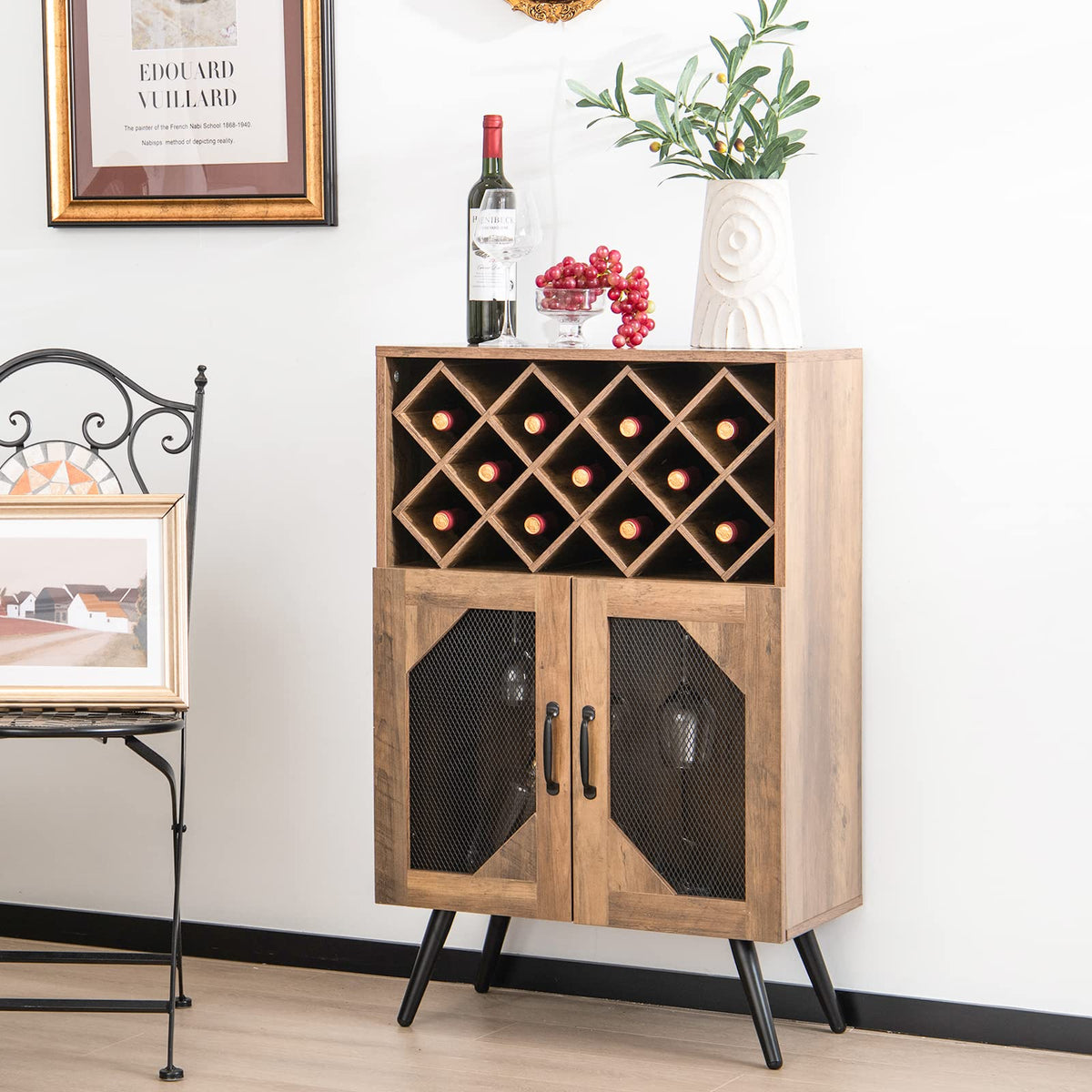 Goflame Farmhouse Buffet Cabinet with Storage, Wine Bar Cabinet 11 Bottles Rack (Brown & Black)