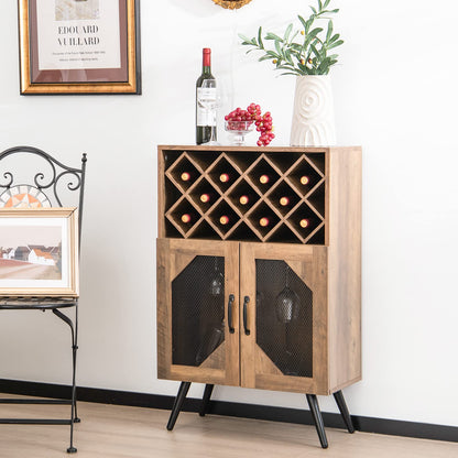 Goflame Farmhouse Buffet Cabinet with Storage, Wine Bar Cabinet 11 Bottles Rack (Brown & Black)