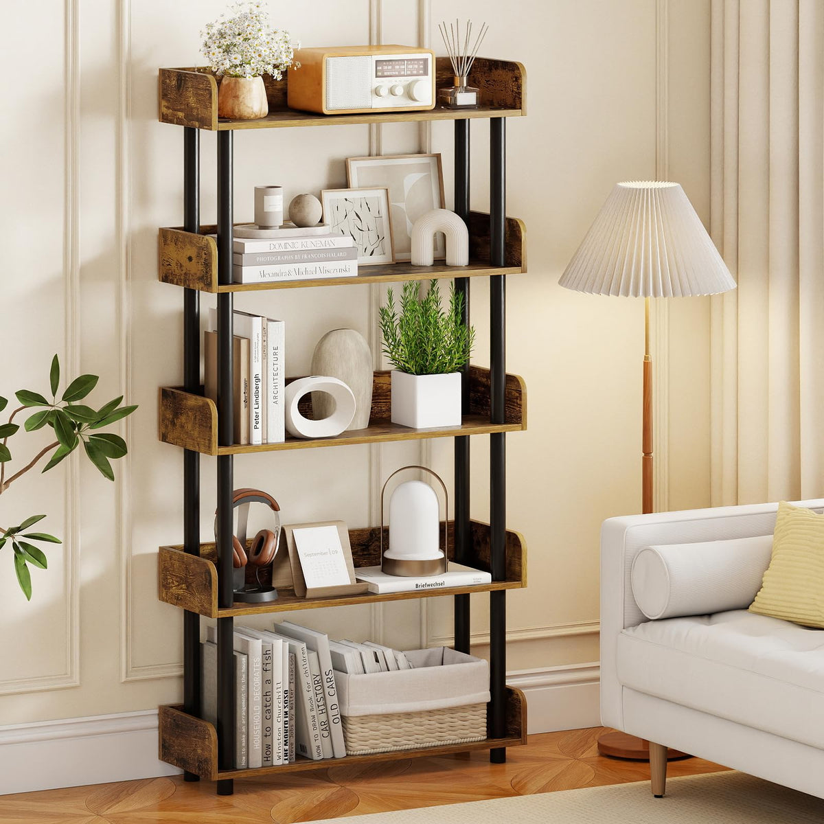 Goflame 5-Tier Bookshelf with Anti-Tipping Kit & Open Storage Organizer for Living Room Bedroom