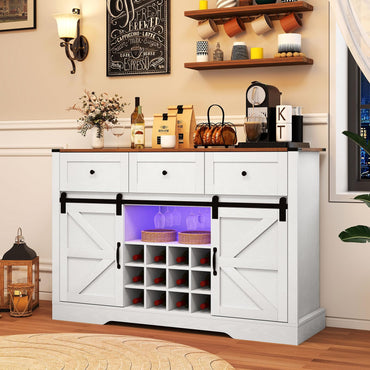 Goflame Wine Bar Cabinet with LED Lights 52" Buffet Sideboard w/Sliding Barn Door 3 Drawer