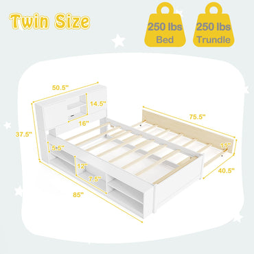 Goflame White Twin Size Bed Frame with Trundle and Bookcase Headboard