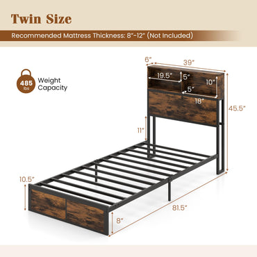 Goflame King/Queen/Twin Size Bed Frame with Storage Headboard and Charging Station, Industrial Metal Platform Bed