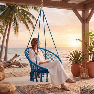 Goflame Hammock Chair Macrame Swing with Round Seat Cushion and Hardware Kit