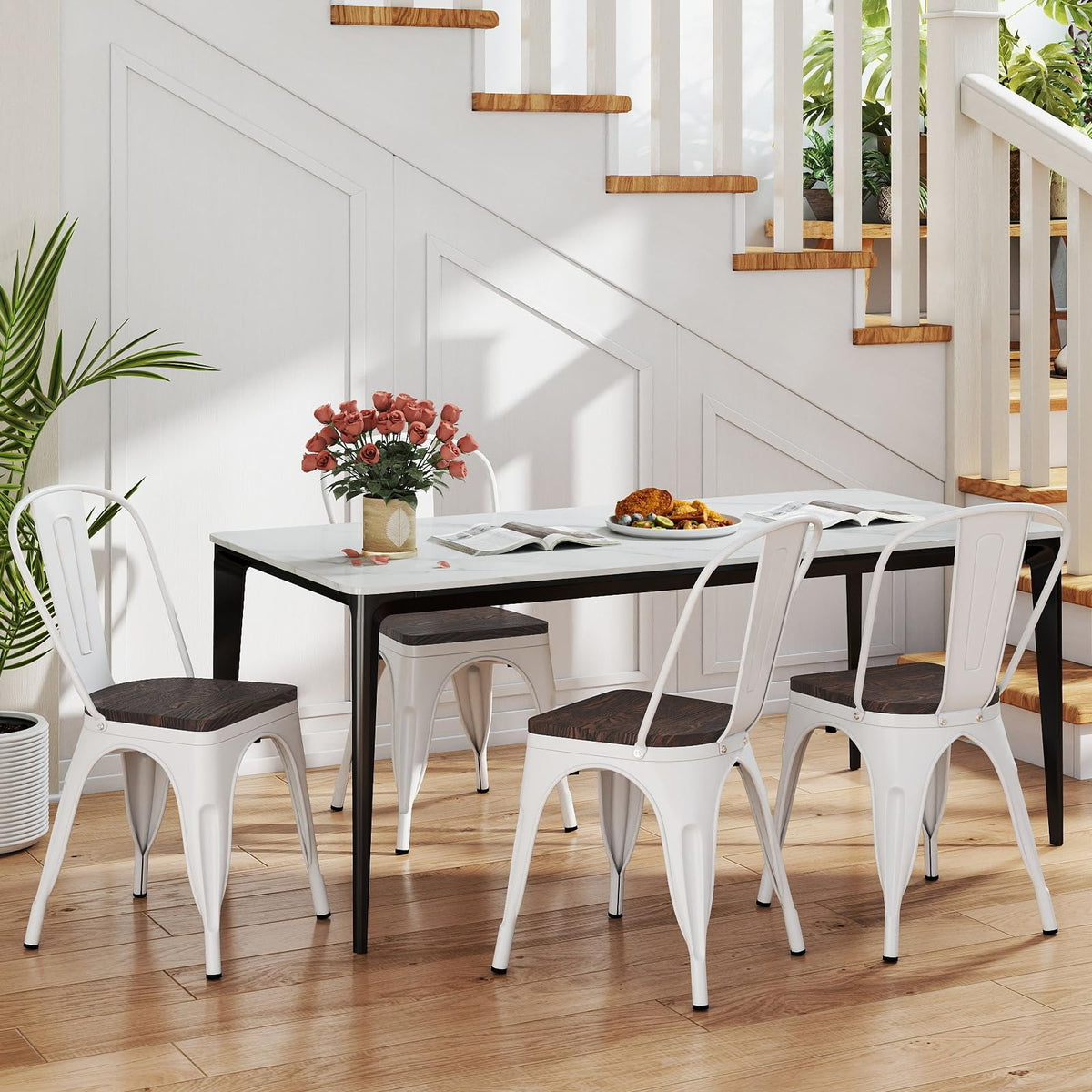 Goflame Metal Dining Chairs Set of 4 Stackable Armless Kitchen Chairs w/Elm Wood Seat