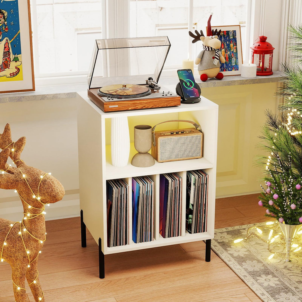 Goflame Record Player Stand with LED Lights & Charging Station