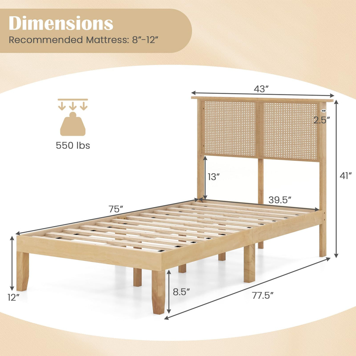 Goflame Queen/Full/Twin Size Bed Frames with Rattan Headboard, Boho Solid Wood Platform Bed with Wooden Slats