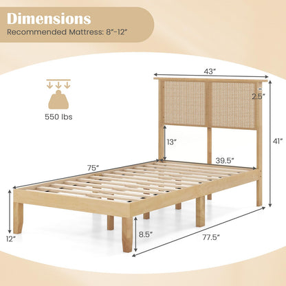 Goflame Queen/Full/Twin Size Bed Frames with Rattan Headboard, Boho Solid Wood Platform Bed with Wooden Slats