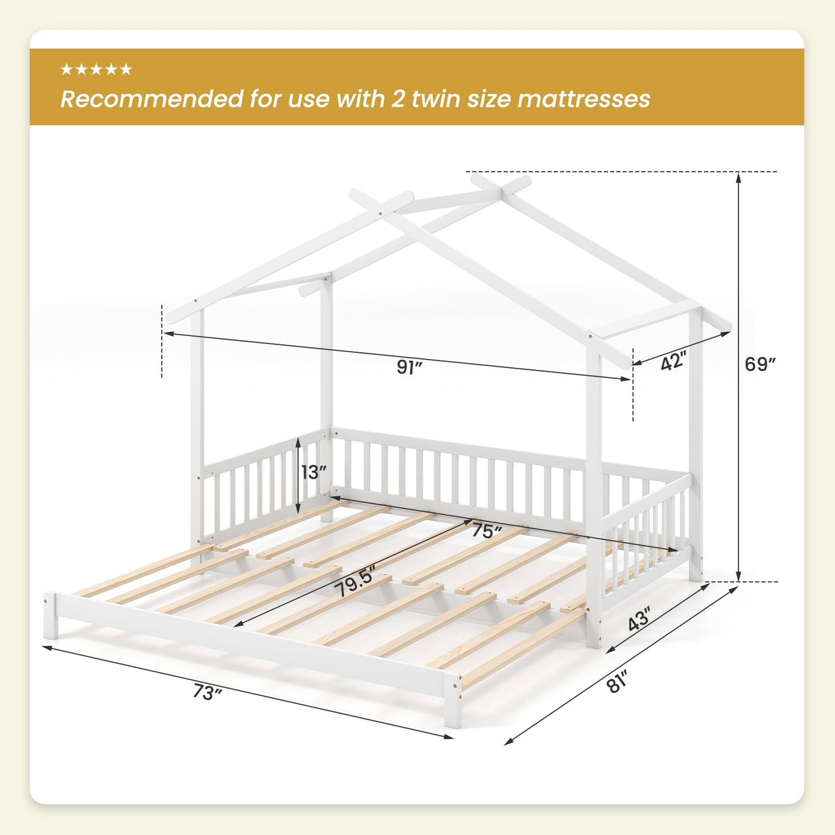 Goflame Extendable House Bed for Kids, Twin to King Daybed with Roof & Fence Rails, Wood Kids Bed Frame for Teens