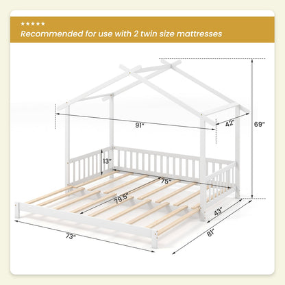 Goflame Extendable House Bed for Kids, Twin to King Daybed with Roof & Fence Rails, Wood Kids Bed Frame for Teens