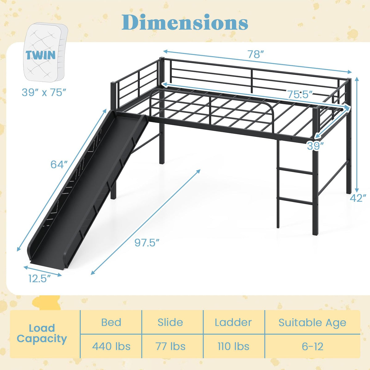 Goflame Low Loft Bed with Slide
